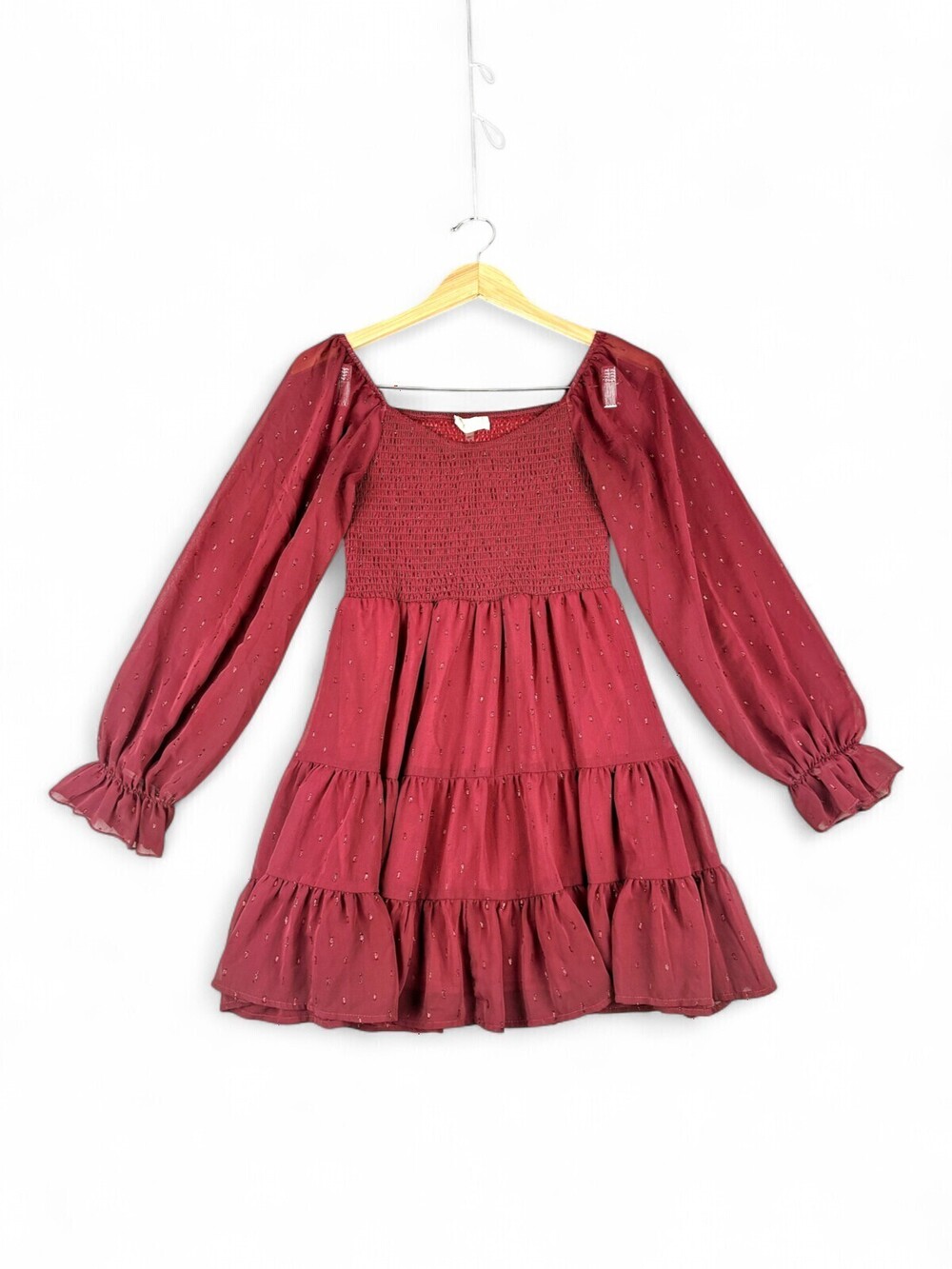 Altar'd State Burgundy Smocked Long-Sleeve Tiered Mini Dress XS